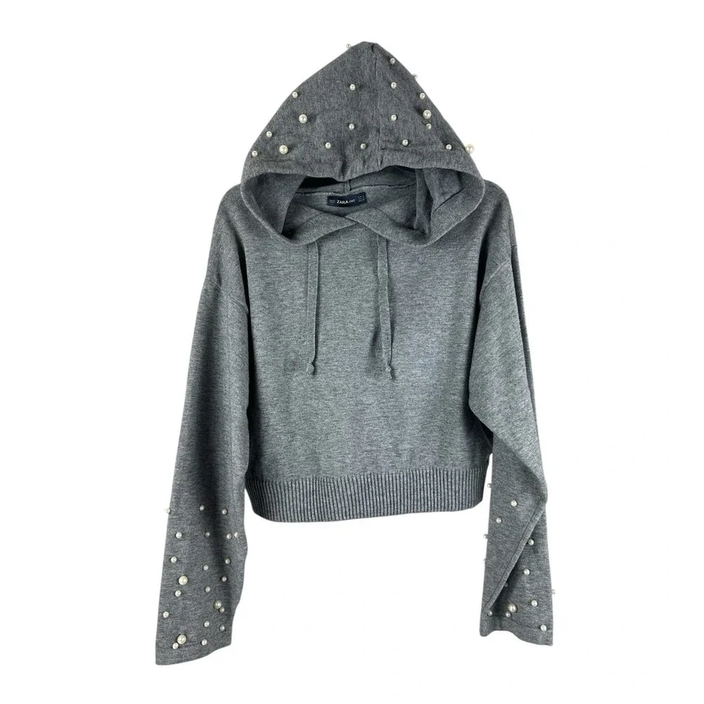Zara Women's Sz S Cropped Hoodie Pearls Soft Girl Quiet Luxury Parisian - Picture 4 of 9